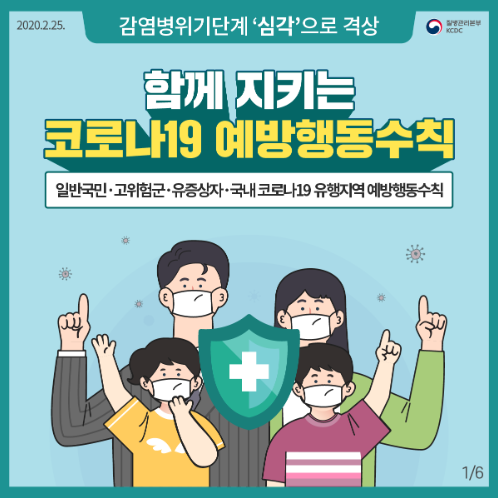 2020.2.25 감염병위기단계 '심각'으로 격상 질병관리본부 KCDC
함께 지키는 코로나19 예방행동수칙
일반국민 고위험군 유증상자 국내 코로나19 유행지역 예방행동수칙